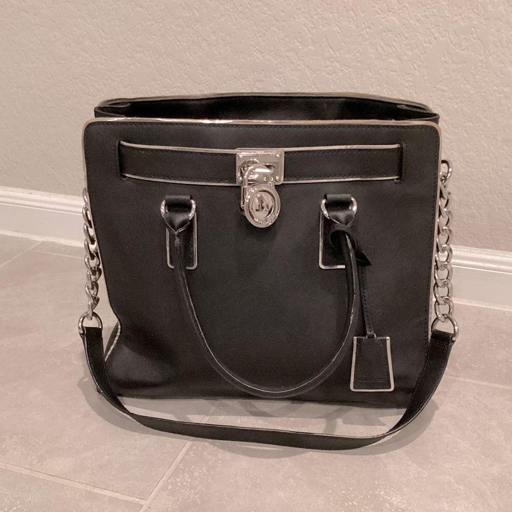 Michael Kors Hamilton Specchio Leather Black/Silver Trim Handbag